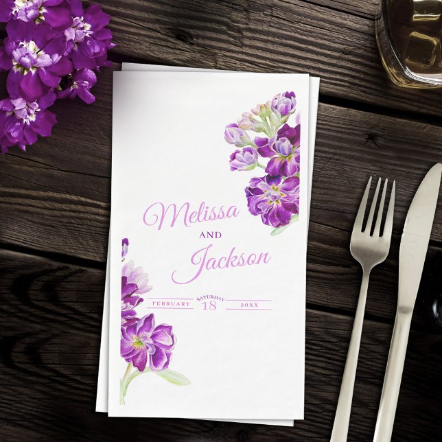Wedding stock dark purple gillyflowers on white paper guest towels (Creator Uploaded)