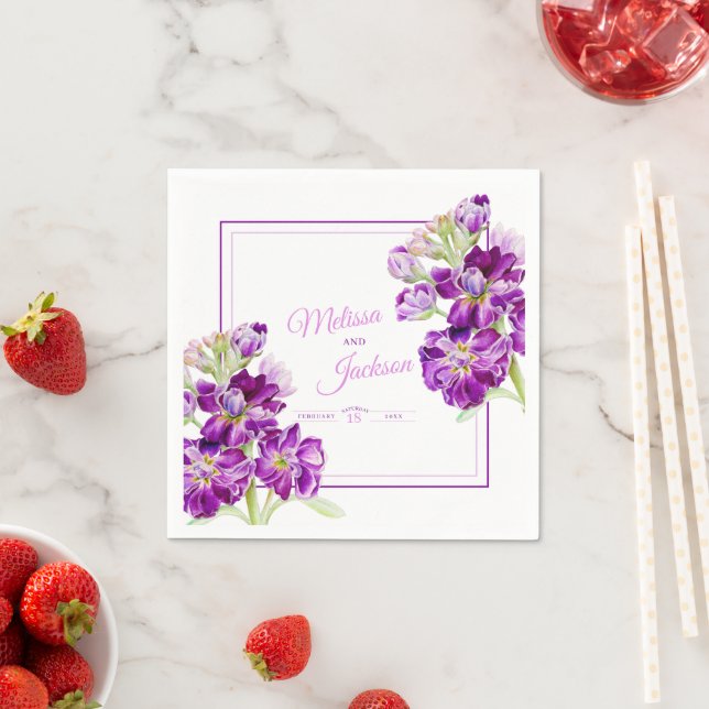 Wedding stock purple flowers on white  napkins (Insitu)