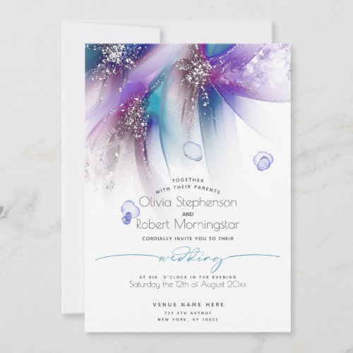 WEDDING   Striking Teal Purple Abstract Silver Invitation