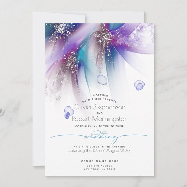 WEDDING  | Striking Teal Purple Abstract Silver Invitation (Front)