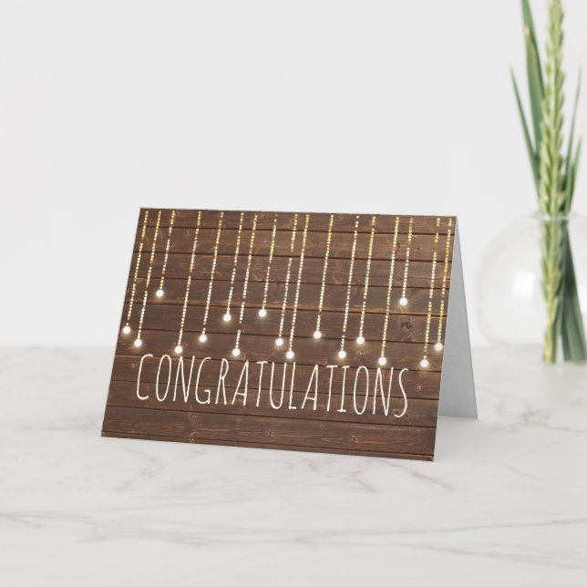 Wedding String Lights On Barn Wood Card (Front)