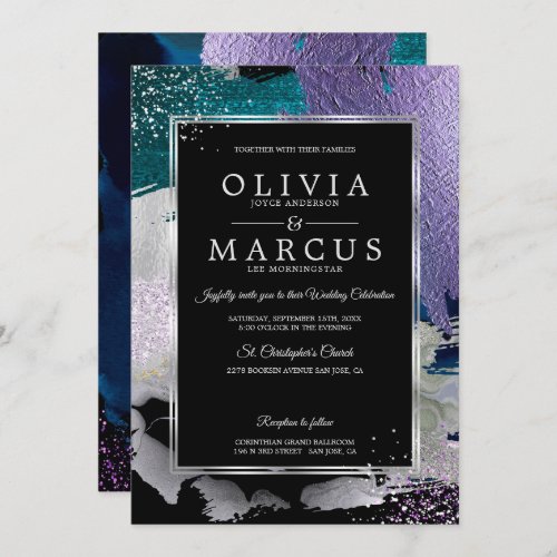 Wedding  Stunning Bold Teal Lavender Abstract Invitation