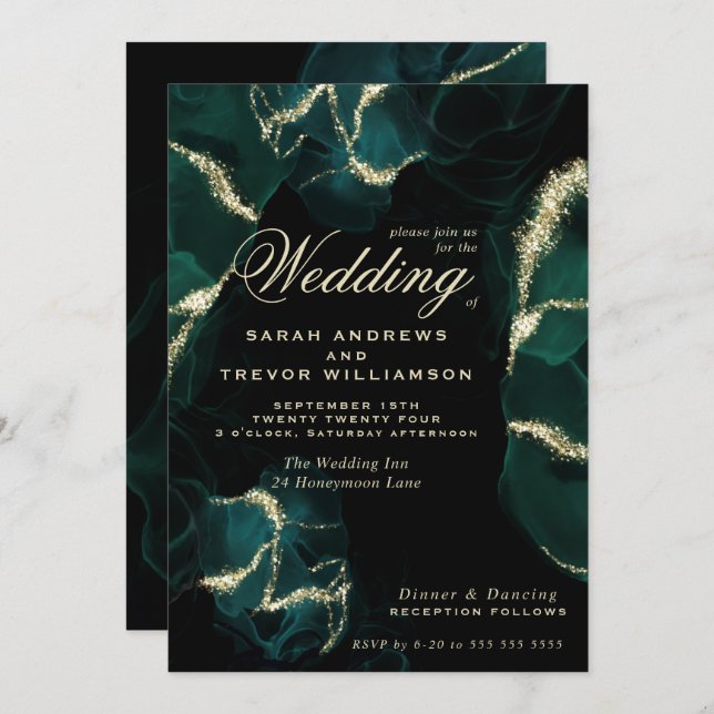 Wedding | Stunning Emerald Alcohol Ink Invitation (Front/Back)
