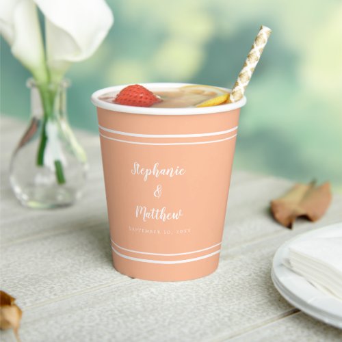 Wedding Stylish Couple Names  Date Peach Party Paper Cups