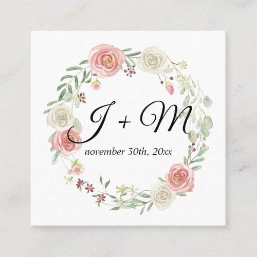 Wedding Suite Stacking Ribbon Blush Floral Wreath Square Business Card