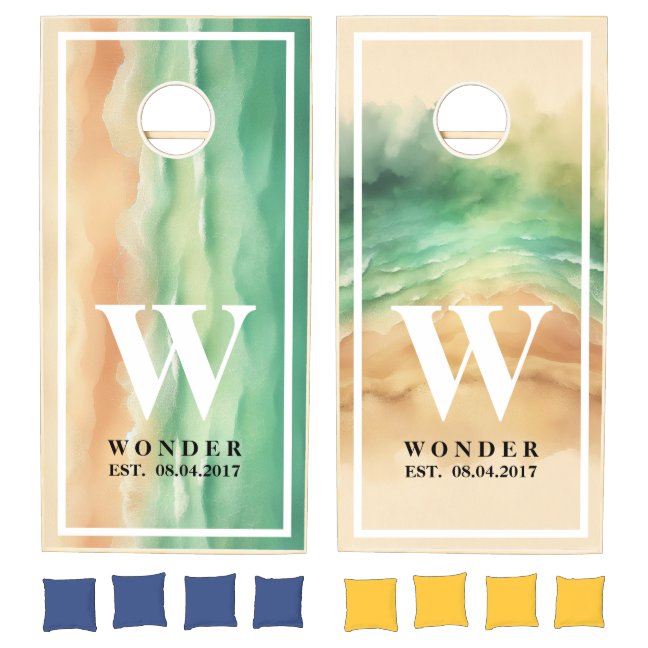 Wedding Summer Monogram Ocean beach Sun Cornhole Set