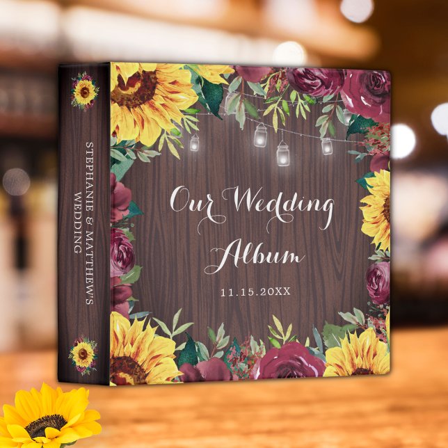 Wedding Sunflower Burgundy Rose Photo Album 3 Ring Binder (Creator Uploaded)