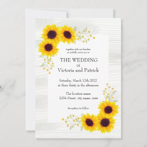 Wedding sunflower daisy chamomile rustic wood   in invitation