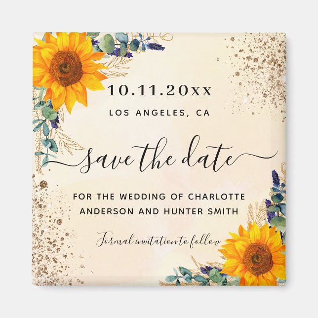 Wedding sunflower eucalyptus glitter save the date magnet (Front)