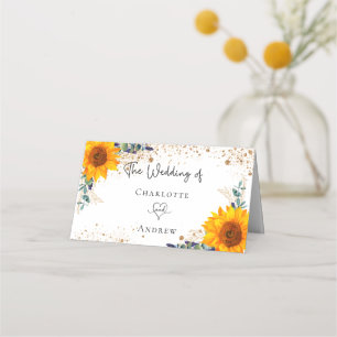 Wedding sunflower eucalyptus gold glitter place card