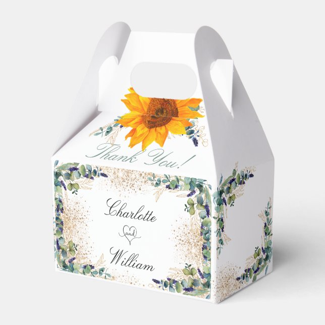 Wedding sunflower eucalyptus greenery gold glitter favor boxes (Front Side)