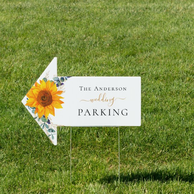 Wedding sunflower eucalyptus parking arrow sign (Insitu)