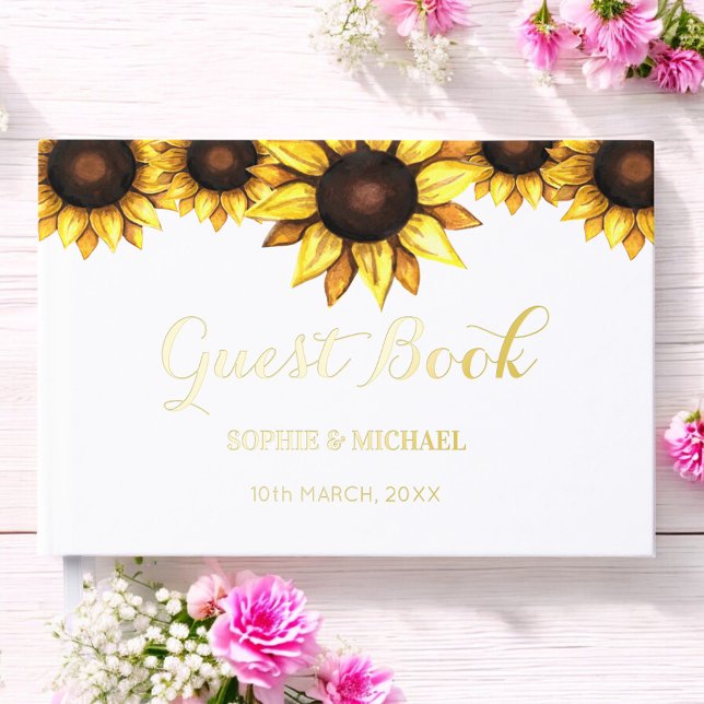 Wedding Sunflower Floral White  Foil Guest Book (Creator Uploaded)