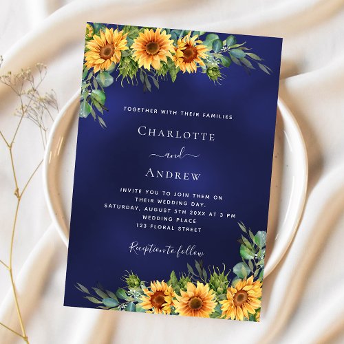Wedding sunflower navy blue eucalyptus greenery invitation