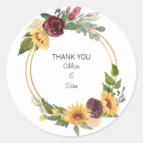 Wedding Sunflower Thank you Custom Names Classic Round Sticker