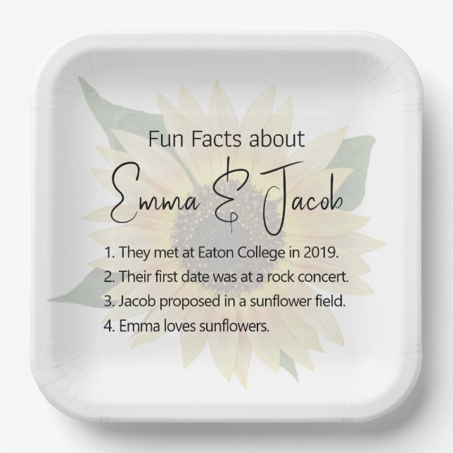 Wedding Sunflower with Fun Facts  Paper Plates (Front)