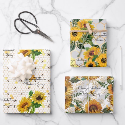 Wedding Sunflowers  Bees Add Names 3 Gift Wrapping Paper Sheets