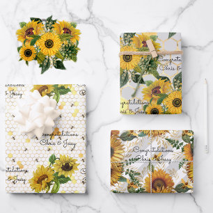 Wedding Sunflowers & Bees Add Names 3 Gift Wrapping Paper Sheets