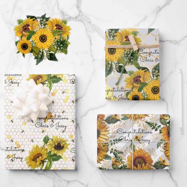 Wedding Sunflowers & Bees Add Names 3 Gift Wrapping Paper Sheets (Creator Uploaded)