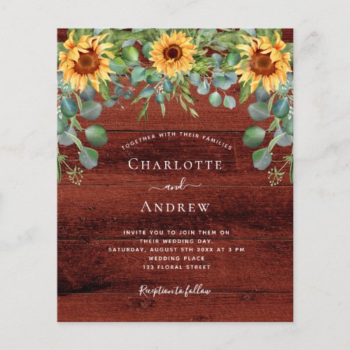Wedding sunflowers eucalyptus brown wood budget flyer