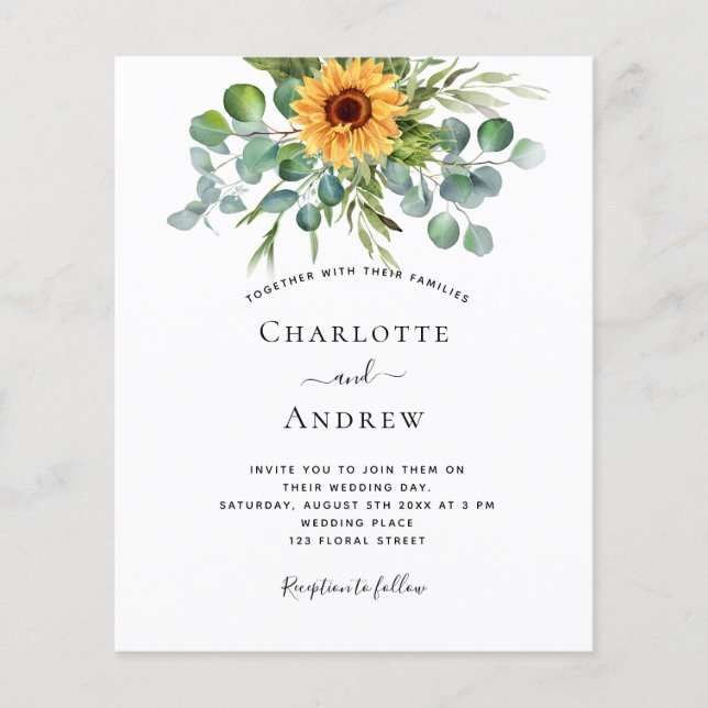 Wedding sunflowers eucalyptus dusty blue budget flyer (Front)