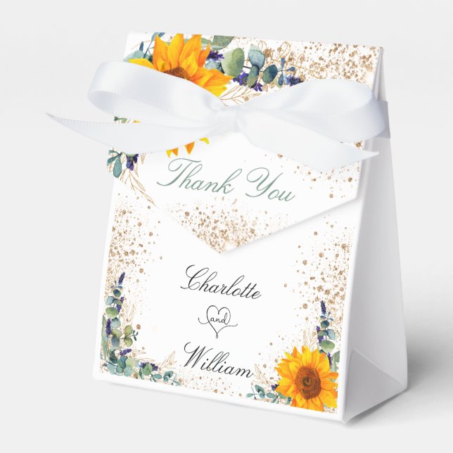 Wedding sunflowers eucalyptus glitter thank you favor boxes (Front Side)