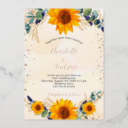 Wedding sunflowers eucalyptus gold rustic  foil invitation