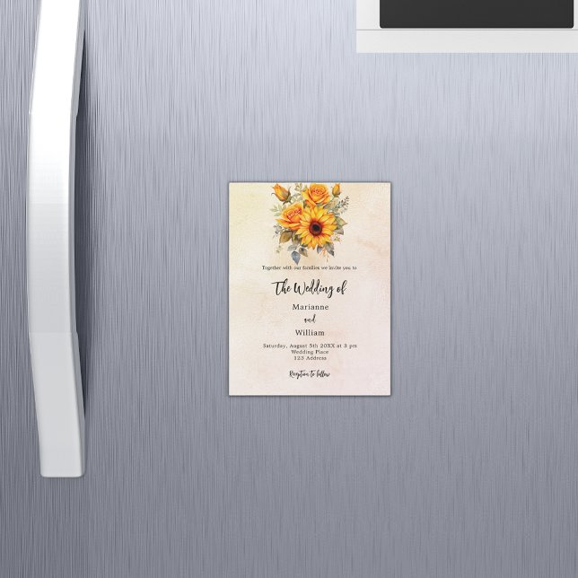 Wedding sunflowers greenery rustic yellow luxury magnetic invitation (Creator Uploaded)