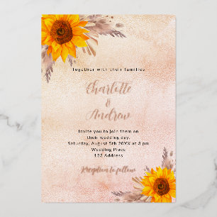 Wedding sunflowers pampas grass blush floral fall foil invitation