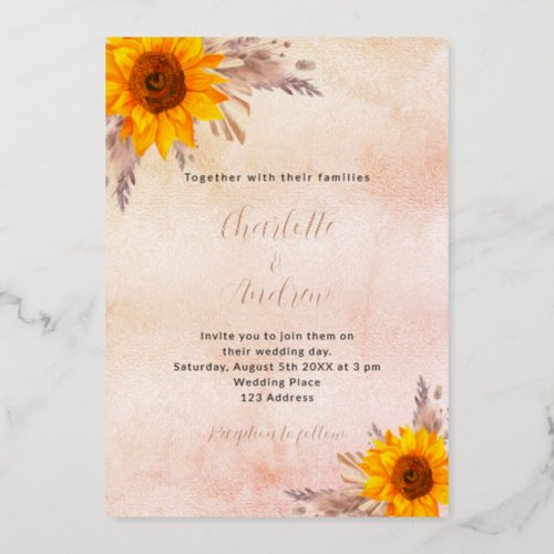 Wedding sunflowers pampas grass blush floral fall foil invitation