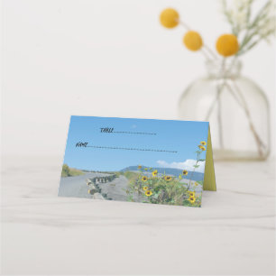 Wedding sunflowers together western mountain road place card