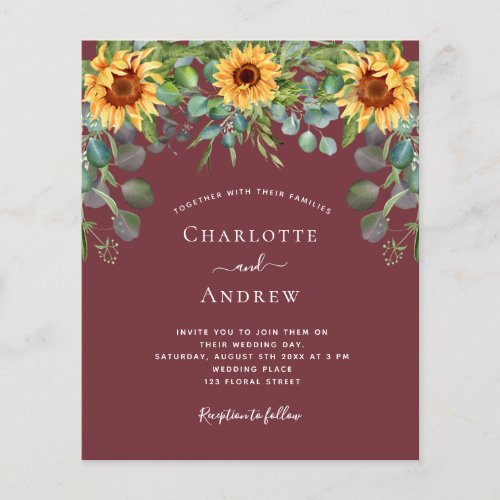 Wedding sunflowers wine red budget invitation flyer