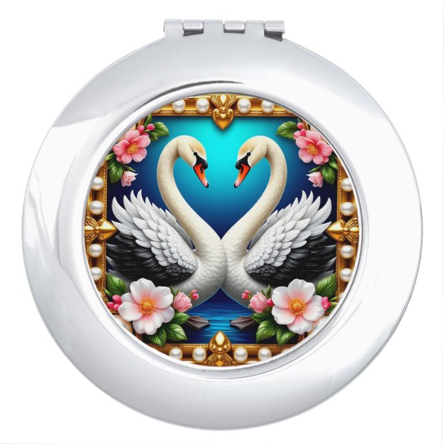 Wedding Swans Framed with Gold and Blossoms Compact Mirror (Front)