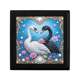 Wedding Swans Framed with Gold and Blossoms Gift Box