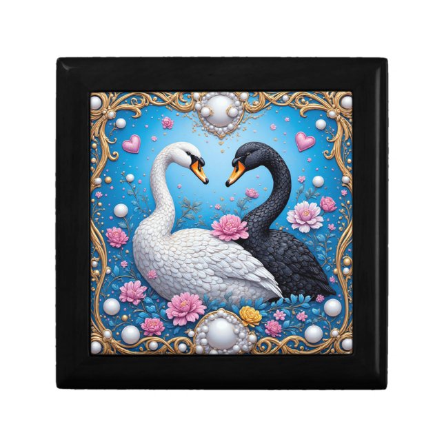 Wedding Swans Framed with Gold and Blossoms Gift Box (Front)