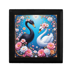 Wedding Swans Framed with Gold and Blossoms Gift Box