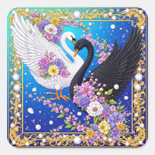 Wedding Swans Framed with Gold and Blossoms Square Sticker