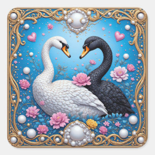 Wedding Swans Framed with Gold and Blossoms Square Sticker