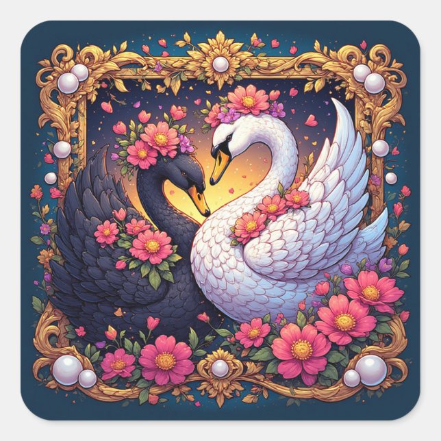 Wedding Swans Framed with Gold and Blossoms Square Sticker (Front)