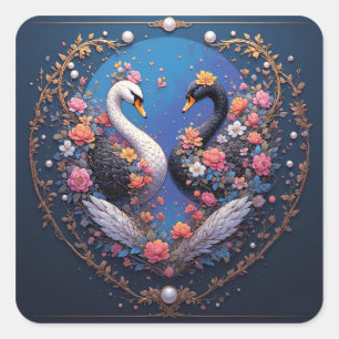 Wedding Swans Framed with Gold and Blossoms Square Sticker