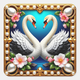 Wedding Swans Framed with Gold and Blossoms Square Sticker