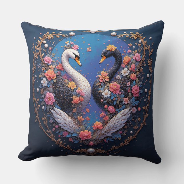 Wedding Swans Framed with Gold and Blossoms Throw Pillow (Front)