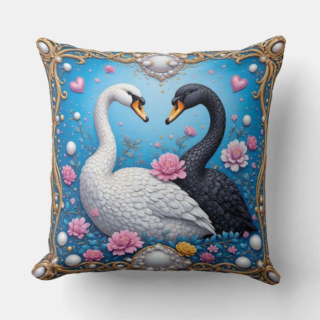 Wedding Swans Framed with Gold and Blossoms Throw Pillow (Front)