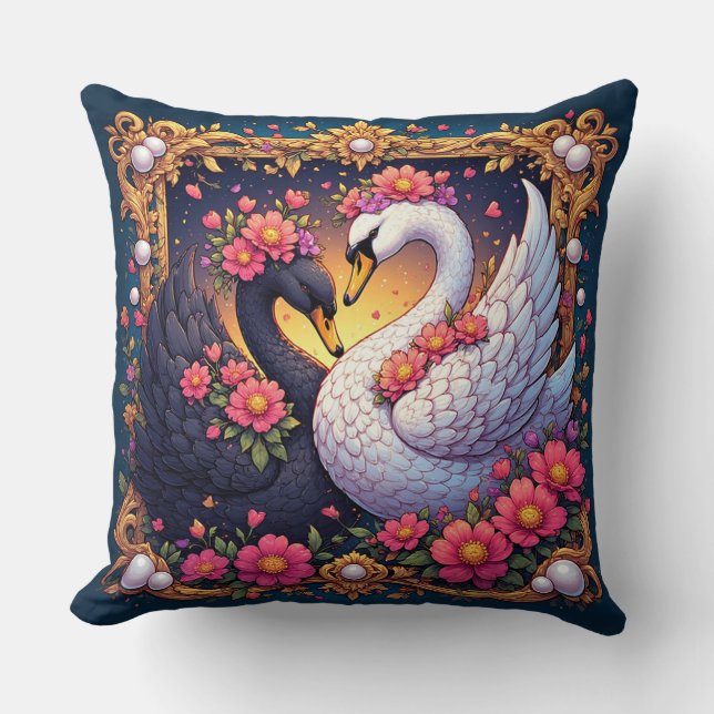 Wedding Swans Framed with Gold and Blossoms Throw Pillow (Front)