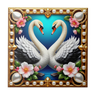 🦢 Wedding Swans Gold Frame Floral Romantic Art  Ceramic Tile