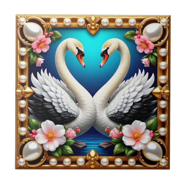🦢 Wedding Swans Gold Frame Floral Romantic Art  Ceramic Tile (Front)