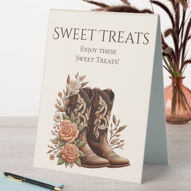 Wedding Sweet Treats Sign-Cowboy Boots and Flowers Table Tent (In SItu (Table))