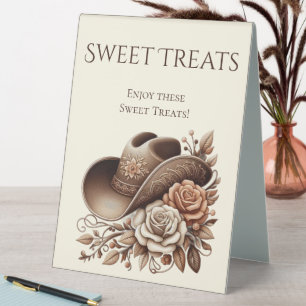 Wedding Sweet Treats Sign-Cowgirl Hat with Flowers Table Tent