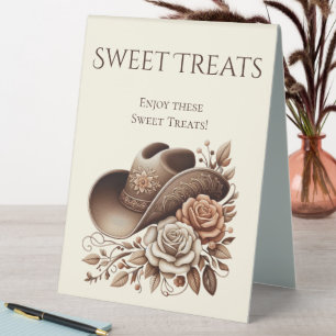 Wedding Sweet Treats Sign-Cowgirl Hat with Flowers Table Tent