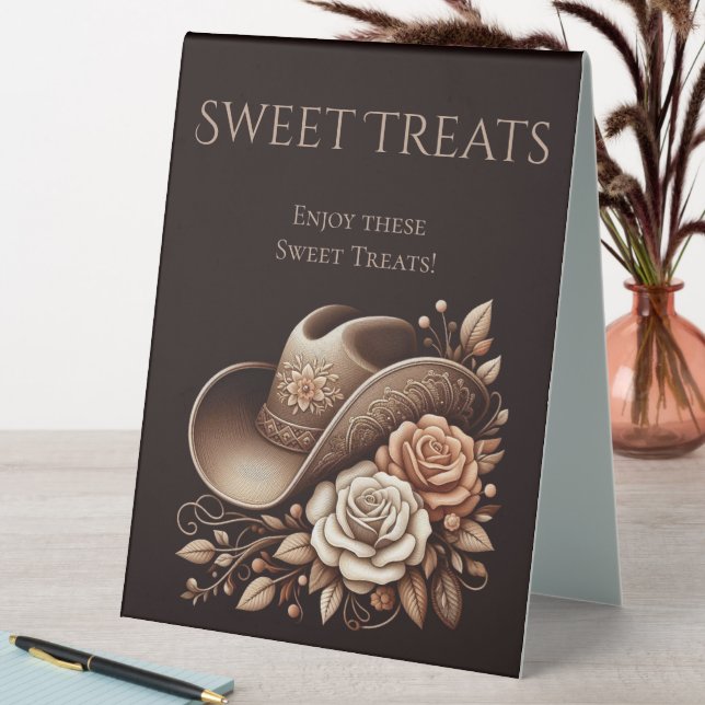 Wedding Sweet Treats Sign-Cowgirl Hat with Flowers Table Tent (In SItu (Table))